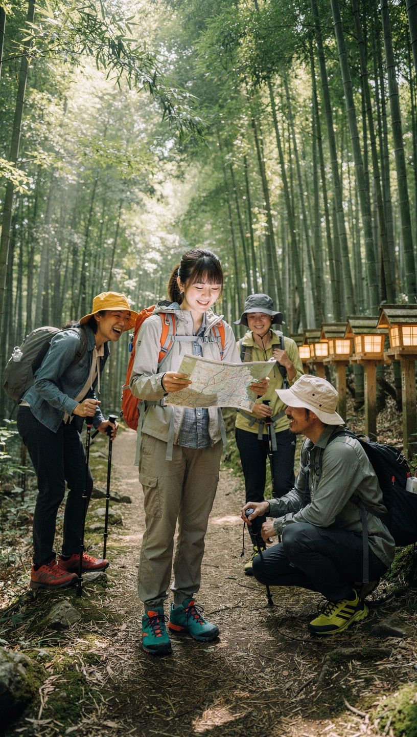 ハイキング中の人々が険しい山道を歩いているシーン