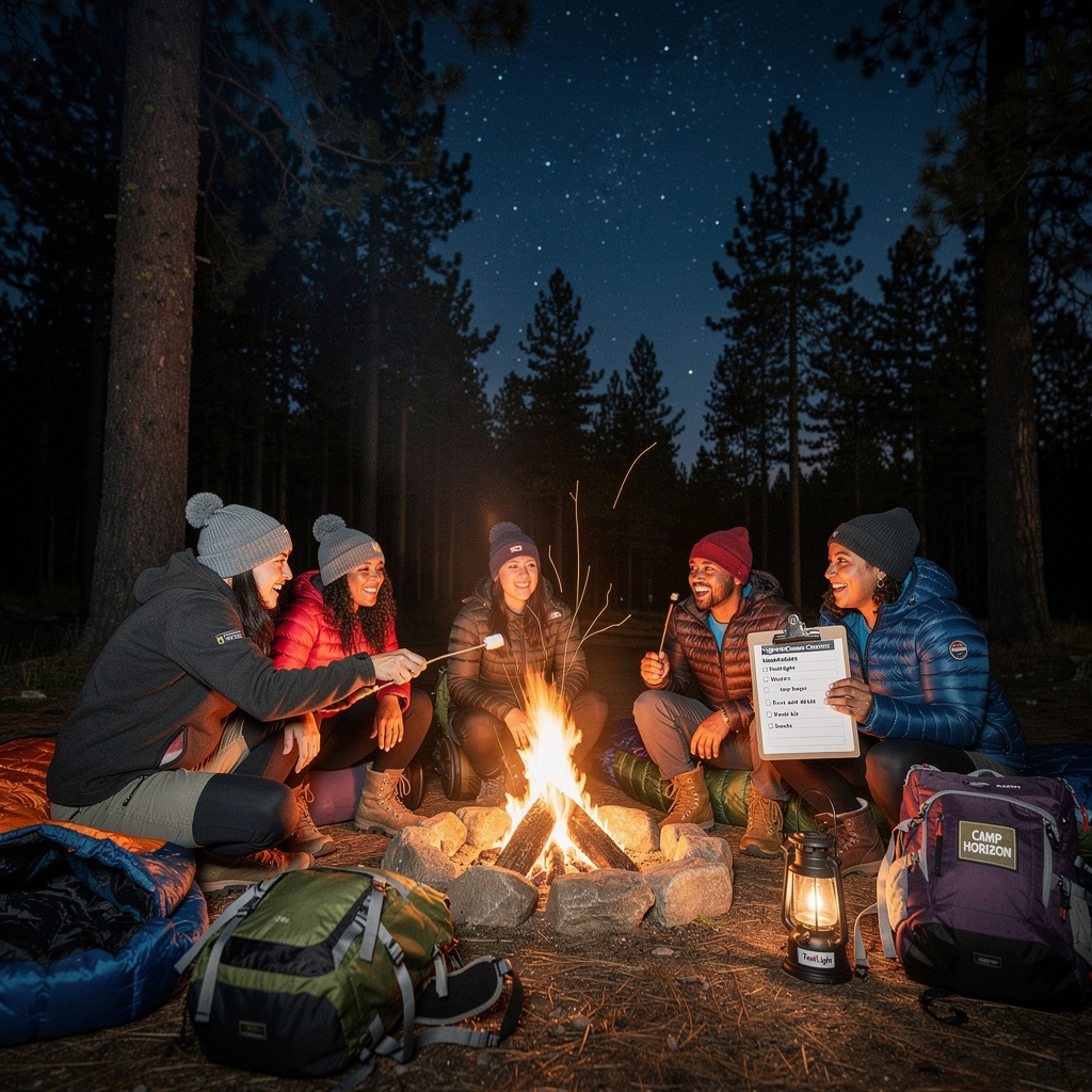 キャンプファイヤーを囲んで楽しそうに話す家族の画像