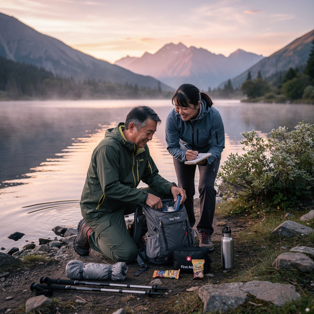 地図とコンパスを使ってルートを確認しているハイカーの様子