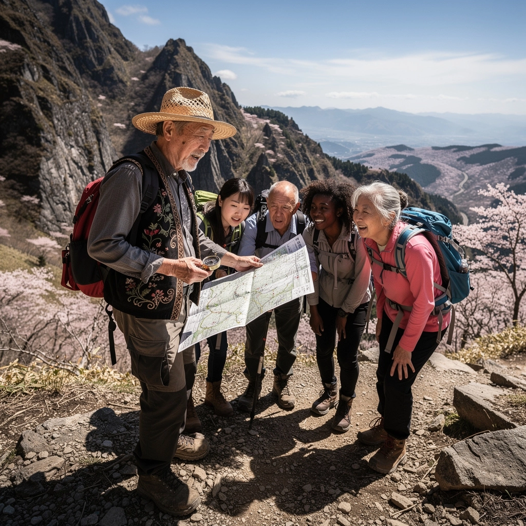 山の頂上で風を感じるハイカーのシルエット
