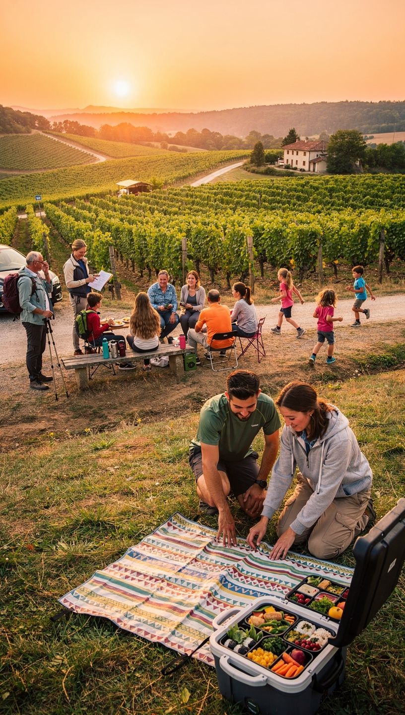 ハイキング用のバックパックと必要な道具が並べられた画像